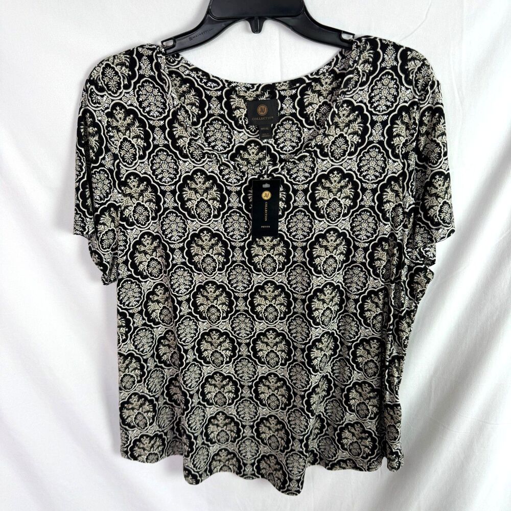 JM Collection Women's Top Size PXL Petite XL Black/White Print Short Sleeves NEW